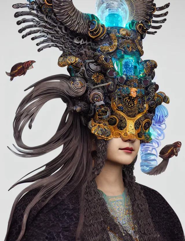 Image similar to 3 d goddess close - up profile solarpunk portrait ram skull. beautiful intricately detailed japanese crow kitsune mask and clasical japanese kimono. betta fish, jellyfish phoenix, bio luminescent, plasma, ice, water, wind, creature, artwork by tooth wu and wlop and beeple and greg rutkowski