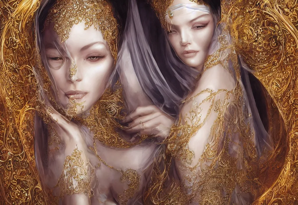 Image similar to a beautiful woman wearing a white niqab made of silk with golden jewelry and diamonds by alex gray and android jones, karol bak, ayami kojima, arabian, concept art, fantasy