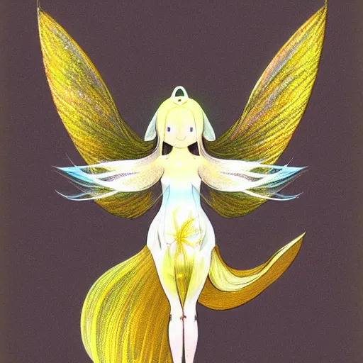 Image similar to a betta fish anthropomorphic angel, white and gold color palette, by Yoshitaka Amano, ethereal, dreamy, god rays