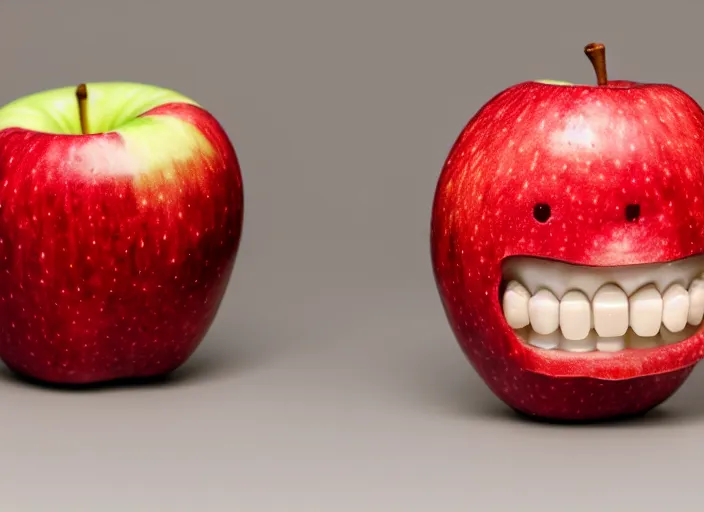 Image similar to photo still of an apple with human teeth, 8 k, studio lighting bright ambient lighting key light, 8 5 mm f 1. 8