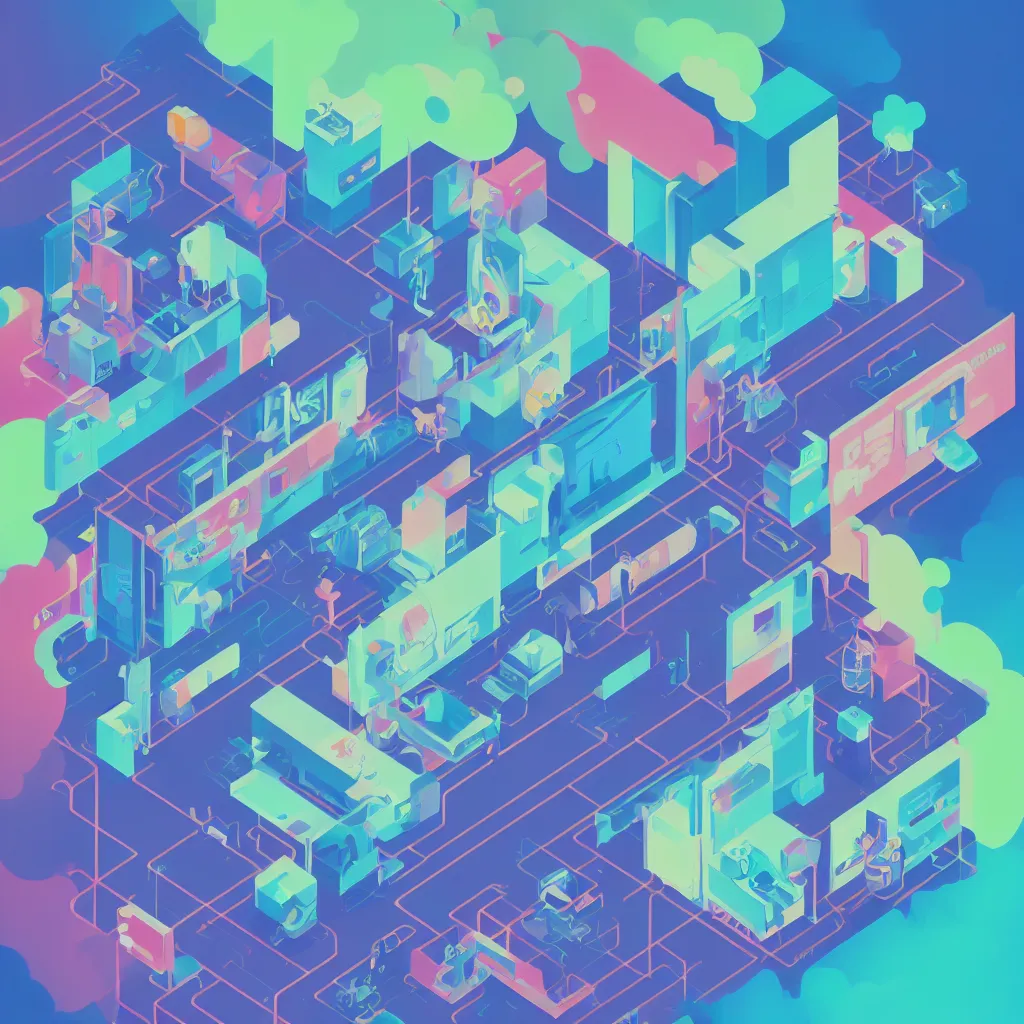 Image similar to a simple micro-service deployed to a datacenter, cloud, security, attack vector, trending on Artstation, painting by Jules Julien, Leslie David and Lisa Frank, muted colors with minimalism