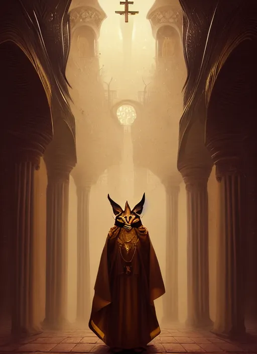 Image similar to surrealistic portrait of anthropomorphic caracal in golden priest clothes wearing vr in orthodox church, bokeh, foggy, dynamic lighting, darkness, ambients, dramatic, foggy, heavy bokeh and blur, cinematic, depth of field, art by bussiere rutkowski andreas rocha