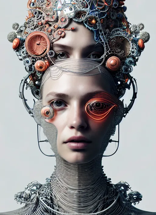 Prompt: portrait of an absurdly beautiful, graceful, sophisticated, fashionable cyberpunk mechanoid, hyperdetailed illustration by irakli nadar and vania zouravliov, matt wisniewski style, intricate linework, white porcelain skin, faberge, coral reef headdress, unreal engine 5 highly rendered, global illumination, radiant light, detailed and intricate environment