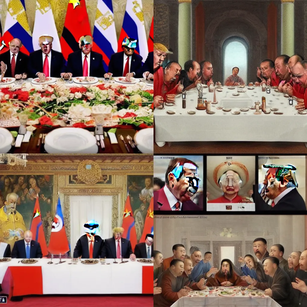 Prompt: the last supper with putin, trump, tomas maduro, xi jinping, Kim Jong-un