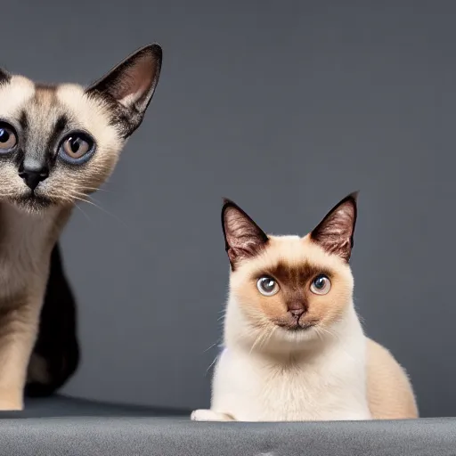 Image similar to professional photograph of a siamese cat looking at a dog