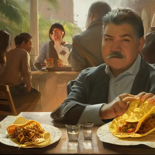 Prompt: epic masterpiece of cinematographic hyperrealism where ruben dario appears eating a mexican taco. realistic shaded lighting poster by craig mallismo, artgerm, jeremy lipkin and michael garmash, unreal engine, radiant light, detailed and intricate environment, digital art, art station trends