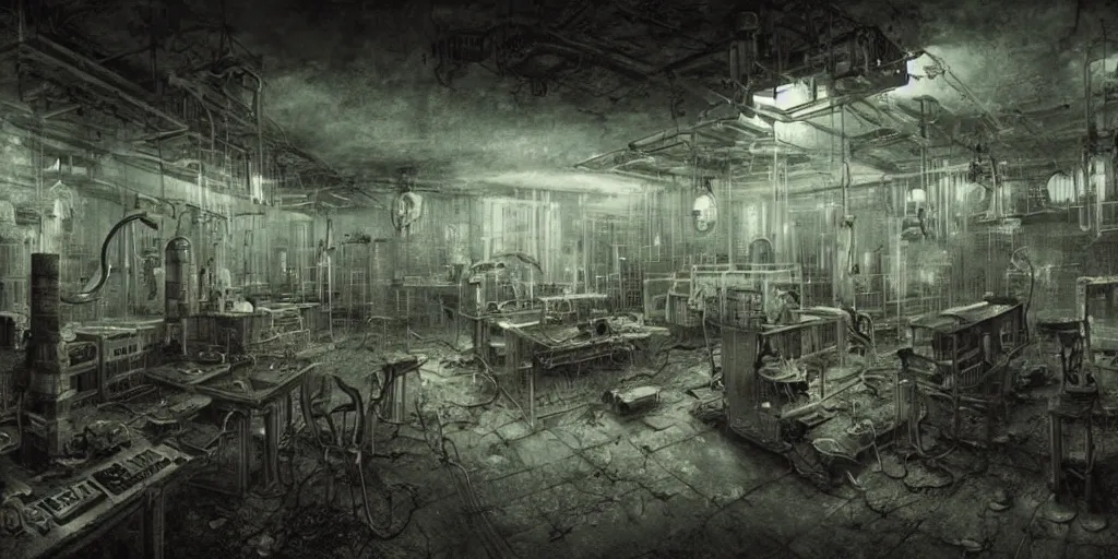 Prompt: abandoned laboratory with vacuum tube computers, early xx century technology, dark atmosphere, intricate, elegant, highly detailed, digital painting, artstation, concept art, smooth, sharp focus, octane render, dramatic lighting, volumetric lighting, cinematic lighting, art by zdzislaw beksinski and hans giger