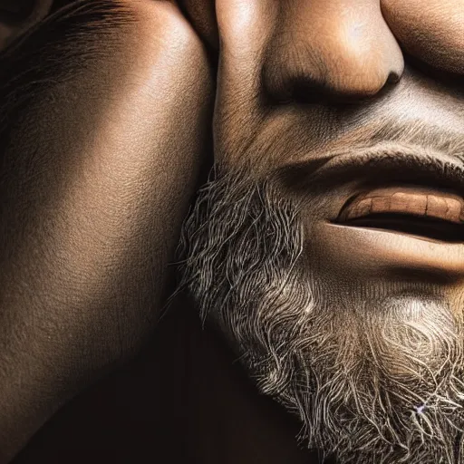 Image similar to portrait close up of a man with a very square and large jaw, his face lines are harsh, he he is shaved but long black hair, he looks like a cave man bronze, soft lighting, rough lines, matte painting