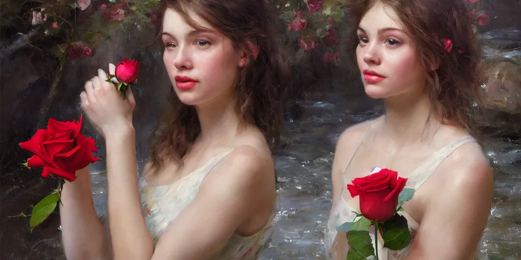 Prompt: portrait of bird holding a rose in a river. by Daniel F. Gerhartz, hyperrealistic oil painting, 4k, studio lightning, very detailed faces