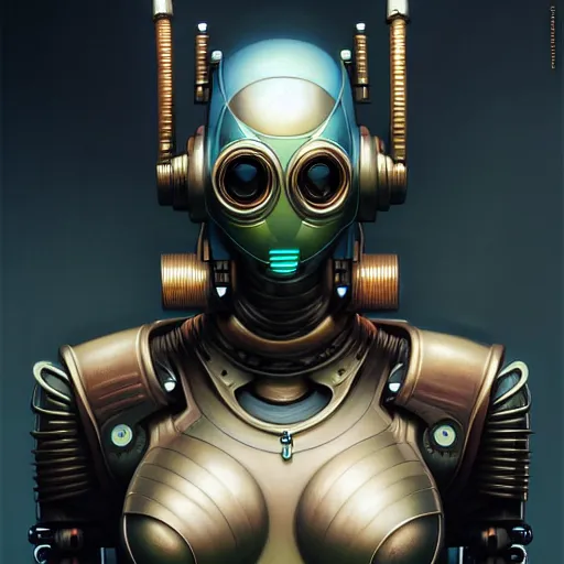 Image similar to front shot of a cyberpunk gazmask robot character, intricate, elegant, highly detailed, centered, digital painting, artstation, concept art, smooth, sharp focus, illustration, artgerm, Tomasz Alen Kopera, Peter Mohrbacher, donato giancola, Joseph Christian Leyendecker, WLOP, Boris Vallejo