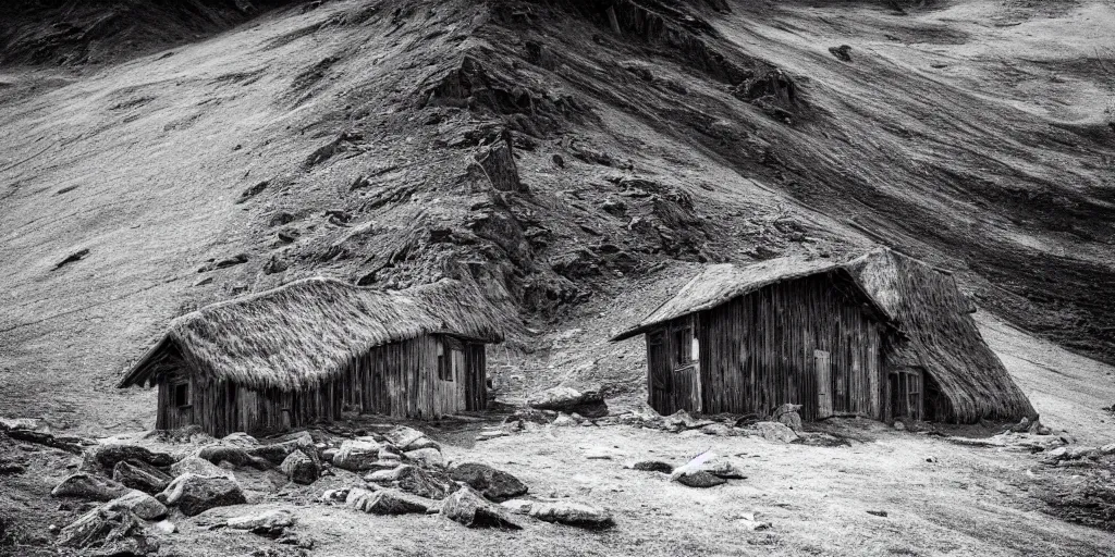 Prompt: photography of an old alpine hut, hay monster crawling out the door, alp, dolomites, alpine, detailed intricate insanely detailed octane render, 8k artistic 1920s photography, photorealistic, black and white, chiaroscuro, hd, by David Cronenberg, Raphael, Caravaggio