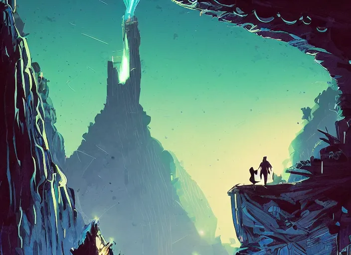 Image similar to comic book art of a [ man ] in trenchcoat with ( glowing ) [ gloves ] and [ boots ] crossing a [ old ] bridge in a [ jungle ] looking up at a [ mountain ] made of crystalized rock, a [ glowing tower ] extends into the sky, low angle, artstation illustration, elegant, arcane by tim doyle