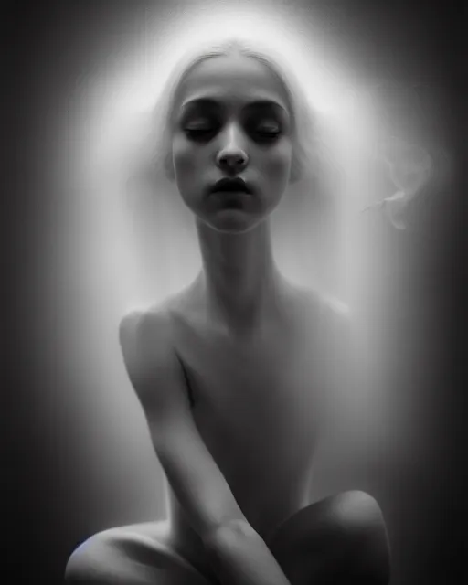 Image similar to monochrome, dreamy, subsurface scattering, white, young beautiful goddess in cosmos with very long white hair floating in air, fluid smoke art, black and white, octane render, dino valls, mark ryden, joe fenton, michal karcz, highly detailed, rim light, art, cinematic lighting, very coherent, hyper realism, 8 k