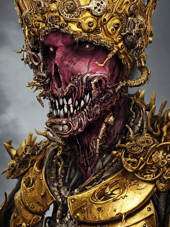 Image similar to portrait art of 8k ultra realistic undead eldritch horror corrupted vampire king, ornate gold crown , detailed intricate ornate armour,decaying, cybernetic, full of colour, cinematic lighting, battered, trending on artstation, 4k, hyperrealistic, focused, extreme details,unreal engine 5, cinematic, masterpiece, art by ayami kojima, giger