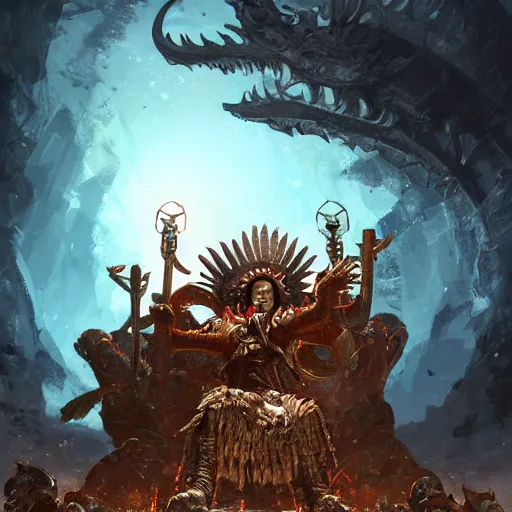 Prompt: Turkey, Anthropomorphized, as warlord general sitting on skull throne, magic the gathering artwork, D&D, fantasy, cinematic lighting, centered, symmetrical, highly detailed, digital painting, artstation, concept art, smooth, sharp focus, illustration, volumetric lighting, epic Composition, 8k, art by Akihiko Yoshida and Greg Rutkowski and Craig Mullins, heroic pose, oil painting, cgsociety, Battlefield background, explosions, arrows