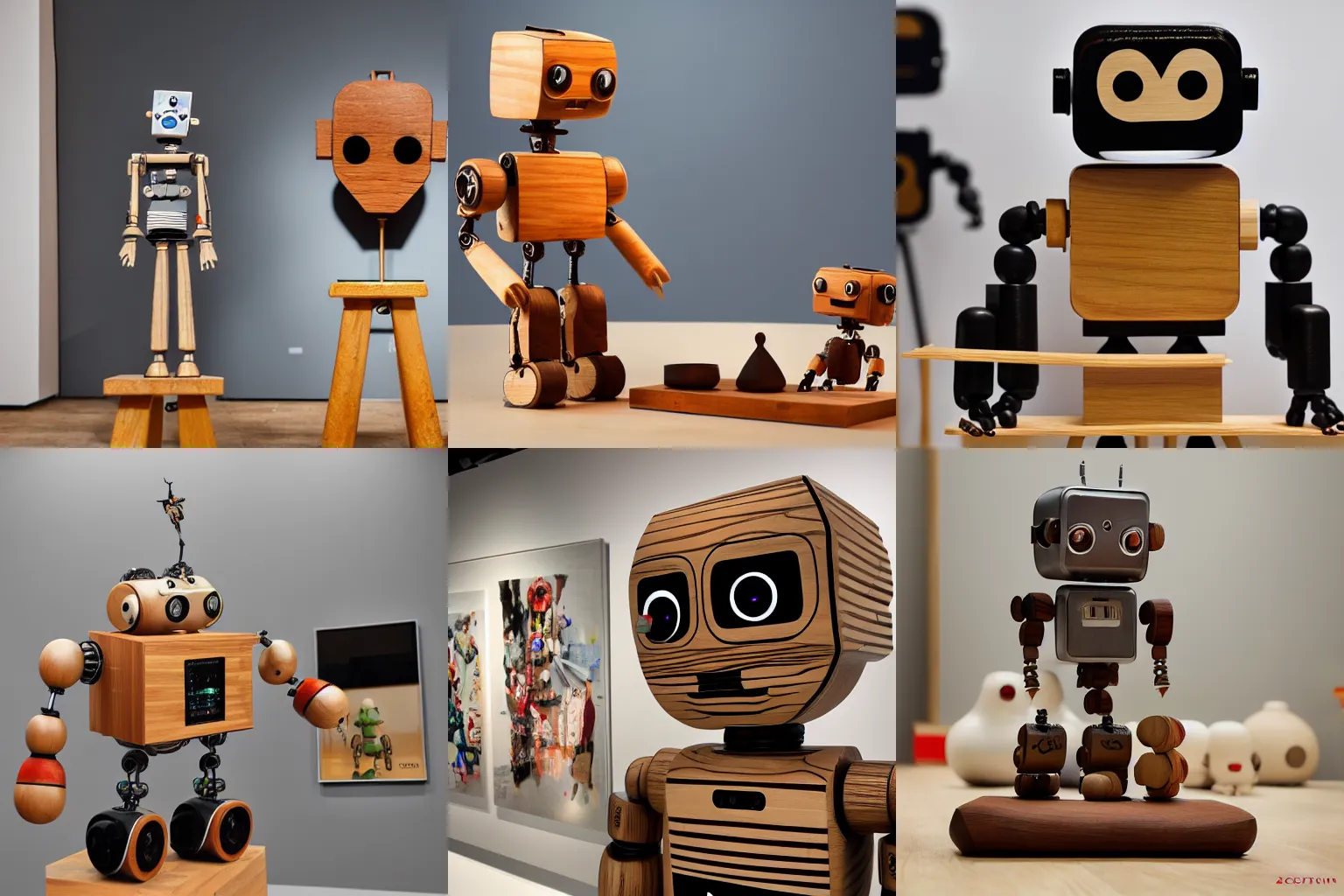 Prompt: ultra realistic 8k octan photo, collection wooden art toys on stand, very cute robot zen, in a contemporary art gallery in style bansky