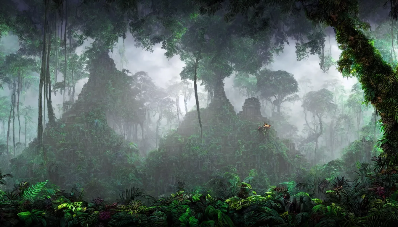 Image similar to deep mayan jungle forest realm biodiversity , side-scrolling 2d platformer game level, swirling clouds of magical mist through the trees, ancient forbidden temple ruins in tre background between the tree trunks, dramatic dusk sun illuminates areas , volumetric light , detailed entangled roots carpet the forest floor, rich color , upscale , 8k