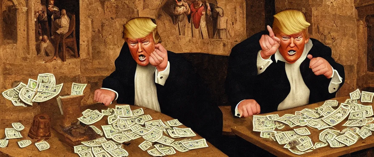 Prompt: donald trump counting money, a medieval painting, ultra - detailed, 8 k