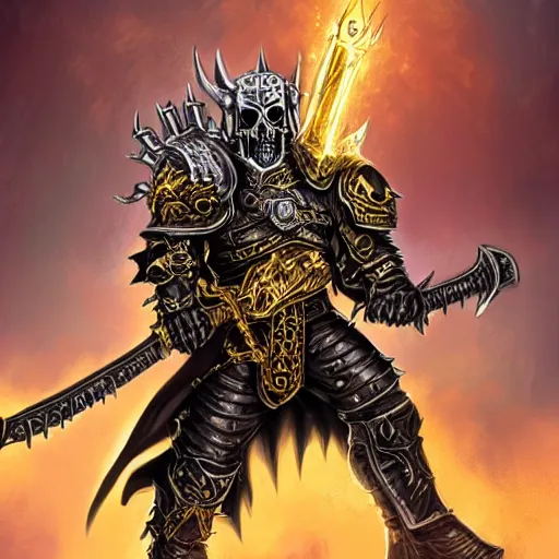 Image similar to lich king wearing black and gold armor with skulls and chains, holding a two handed sword with golden handle, wearing spiky helmet with mask