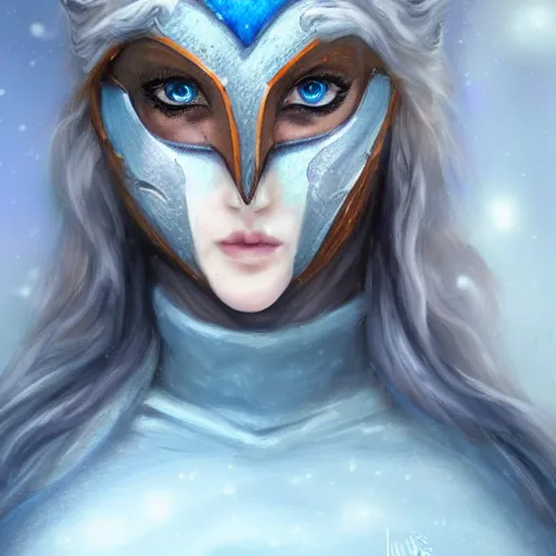 Image similar to bandit from ‘ icewind dale ’ and ‘ icewind dale heart of winter ’, with a frost blue gem mask lined with copper, ‘ icewind dale 2 ’ profile portrait by ‘ justin sweet ’, perfect face, pretty face, falling snow, soft focus, illustration, oil paint,