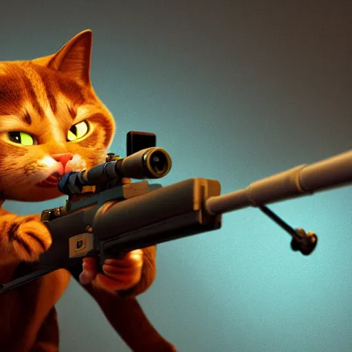 Prompt: an anthropomorphic cat using a sniper rifle to hunt a mouse. pixar. octane renderer.