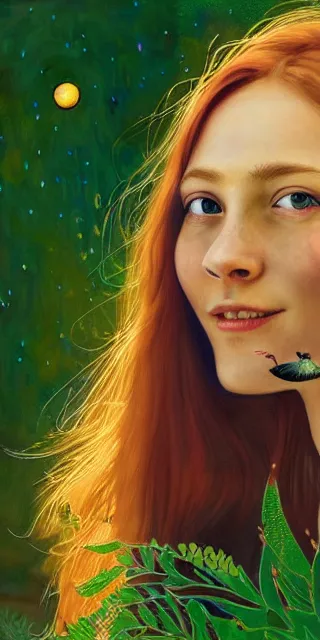 Image similar to young woman, smiling, amazed by golden fireflies lights, sitting in the midst of nature fully covered, long loose red hair, intricate linework, green eyes, small nose with freckles, oval shape face, realistic, expressive emotions, dramatic lights, spiritual scene, hyper realistic ultrafine art by cecco del caravaggio and albert bierstadt and artgerm