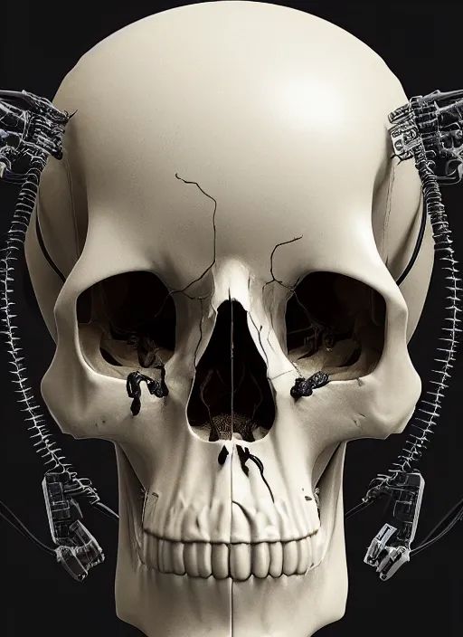 Image similar to an intricate detailed scifi skull plugged to wires by vitaly bulgarov, ivy, hardmesh, unreal engine 5, cyberpunk