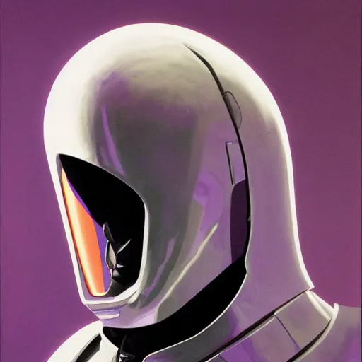 Image similar to self portrait of a humanoid raven with a helmet in the shape of a beak. purple and black body armor, digital art, realistic, ultradetailed, concept art in the style of Science Fiction. art by Syd Mead and Moebius, trending on artstation, devianart, cgsociety