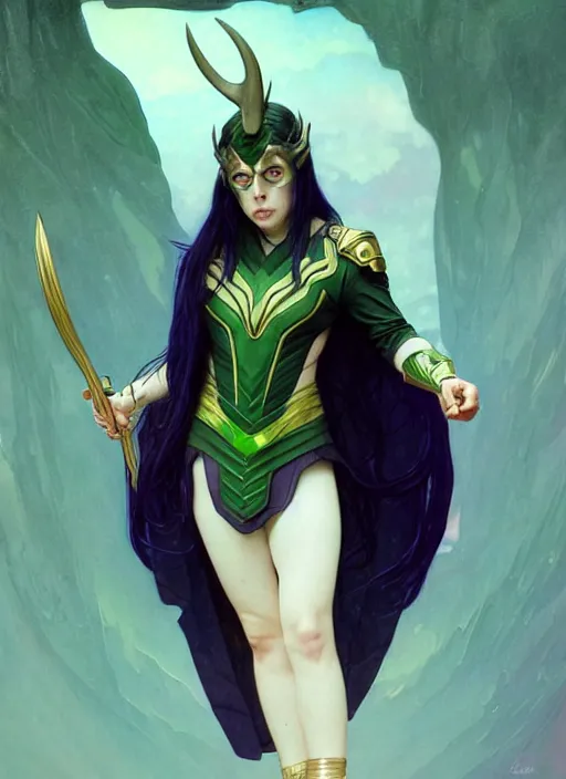 Image similar to Billie Eilish as Female Loki, very detailed, digital art, trending on artstation, concept art, smooth, illustration, art by artgerm and greg rutkowski and alphonse mucha and J. C. Leyendecker and Edmund Blair Leighton and Katsuhiro Otomo and Geof Darrow and Phil hale and Ashley wood