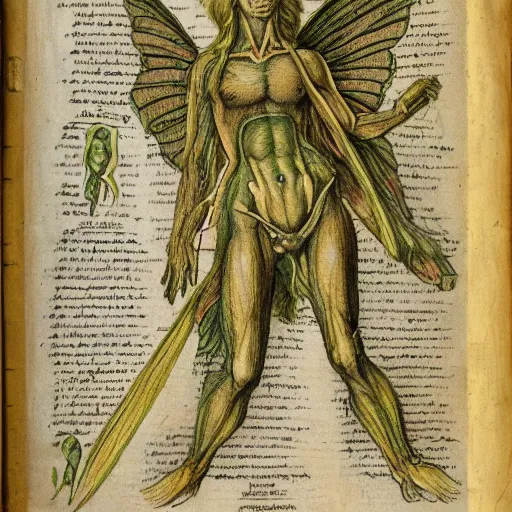 Image similar to page of an old anatomy book of fantastic creatures like leprechauns, fairies, dwarves and other, depicting the anatomy of a female magical fairy with golden green wings, long hair and elven features, old parchment