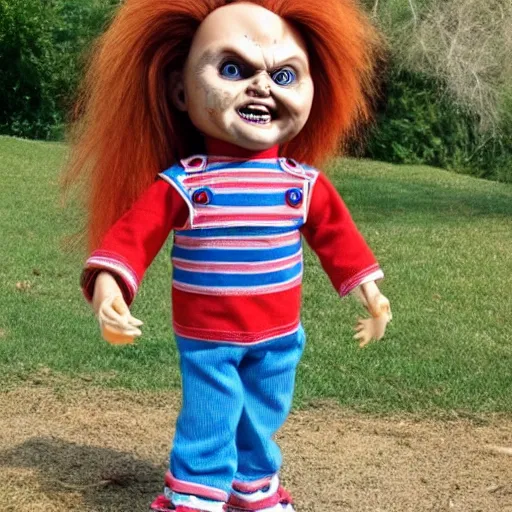 Prompt: Chucky the killer doll standing out in the yard