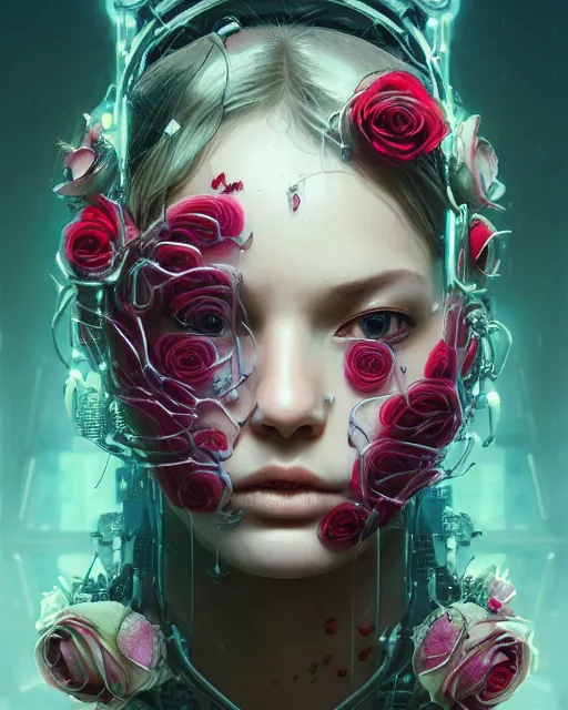 Image similar to portrait of a female face with roses instead of eyes, cyberpunk cyborg. roses, sci - fi, intricate abstract upper body intricate artwork, by tooth wu, wlop, beeple, dan mumford. concept art, octane render, deviantart, greg rutkowski, cinematic arthouse, key art, hyper realism, iridescent accents