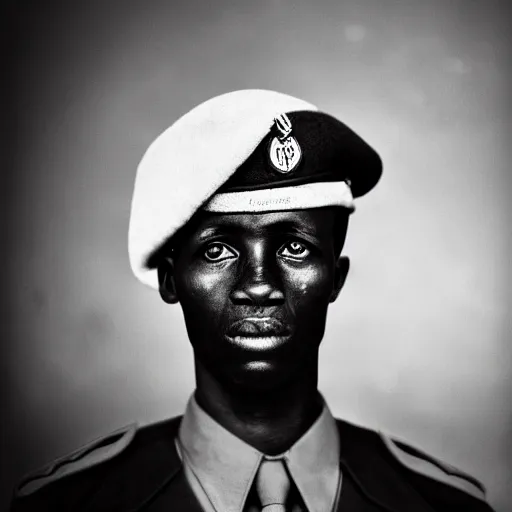 Prompt: black and white photo, portrait of rwandan soldier by richard avedon, realistic, Leica, medium format, cinematic lighting, parallax, high resolution,