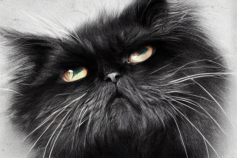 Image similar to “ a extremely detailed stunning portraits of s black persian cat cyborg contemptuously at people by allen william on artstation ”