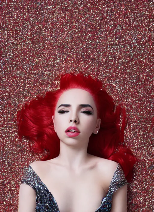 Prompt: ava max bright red hair lying on the floor surrounded by diamonds, canon, highly realistic. high resolution. highly detailed. dramatic. 8 k. 4 k.