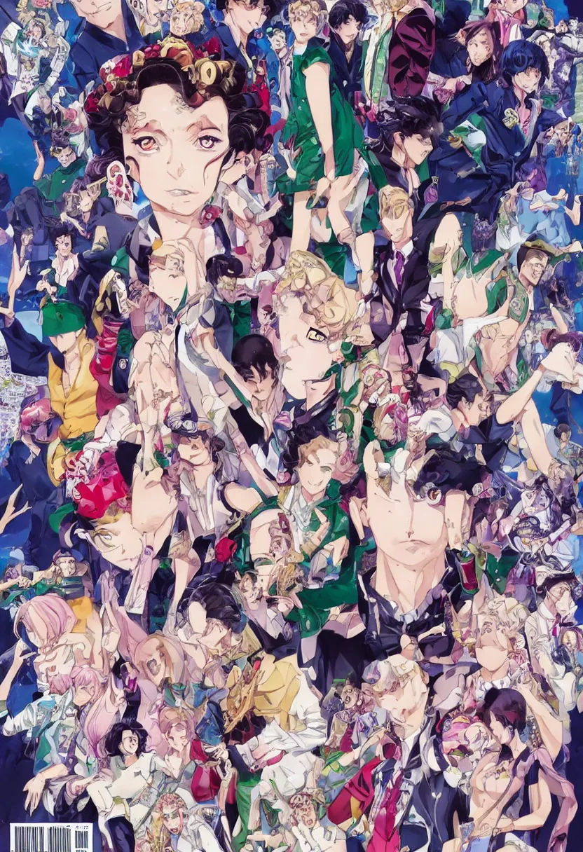 Image similar to Magazine Cover Anime key visual of a Gucci girl; official media; typography; drawn by Hirohiko Araki; Jojo's Bizarre Adventure; Jojolion, portrait, made by Stanley Artgerm Lau, WLOP, Rossdraws, James Jean, Andrei Riabovitchev, Marc Simonetti, Yoshitaka Amano, ArtStation