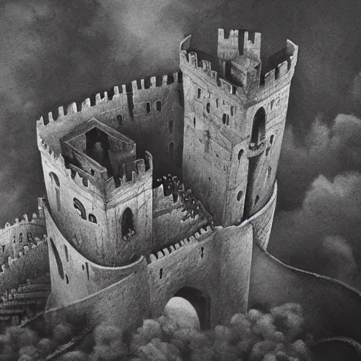 Prompt: pencil art, aerial shot, realistic, cinematic, hyper detailed, smooth, hero walking up to the castle to fight an evil army.