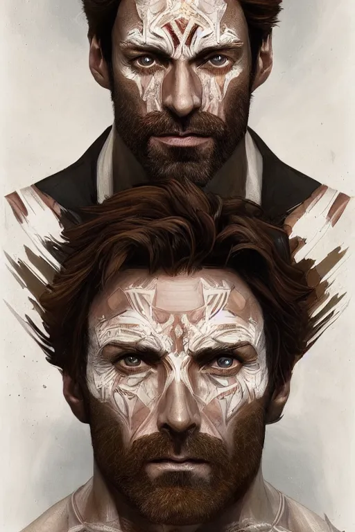 Image similar to symmetry!! portrait of hugh jackman in the boys in the style of god of war, machine parts embedded into face, intricate, elegant, highly detailed, digital painting, artstation, concept art, smooth, sharp focus, illustration, art by artgerm and greg rutkowski and alphonse mucha, 8 k