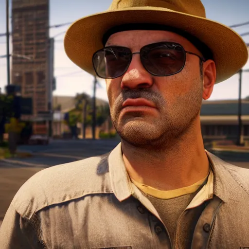 Image similar to “ portrait of gustav fringe in gta5, octane render”