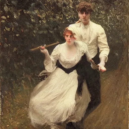 Image similar to young victorian man and woman traversing a dark maze, by alfred stevens