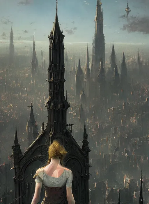 Image similar to a distant view of a teenage girl standing on top of the tallest spire in a gothic fantasy city. beautiful painting by greg rutkowski