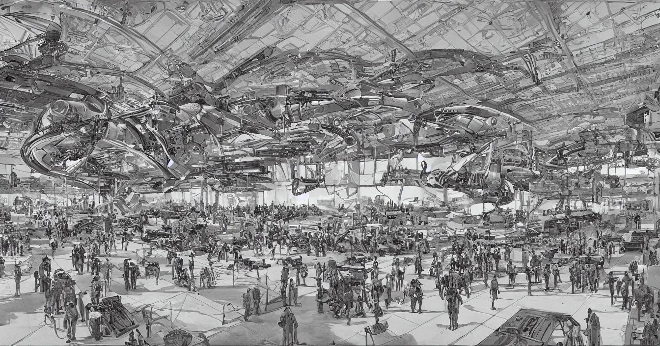 Image similar to Interior of the hall in area 55, full of alien military equipment, engineers working on flying saucers, high detail, wide perspective, saturated colors, by Feng Zhu