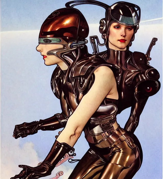 Prompt: realistic detailed portrait of a handsome futuristic woman racing pilot in leather and armor, sleek minimal elegant design by moebius, jodorowsky, alphonse mucha, ayami kojima, amano, greg hildebrandt, and mark brooks, female, hero, sexy masculine, art nouveau, cyberpunk, neo - gothic, gothic, masterpiece artwork, character concept design,