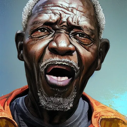 Image similar to An old african man raging and screaming and Television, holding a controller. Nice rimlight. By ilya kuvshinov, krenz cushart, Greg Rutkowski, trending on artstation. Sharp highlights, amazing textured brush strokes, accurate shape, cinematic soft, 8k, VFX, HDR, dramatic lighting, psychedelic colouring