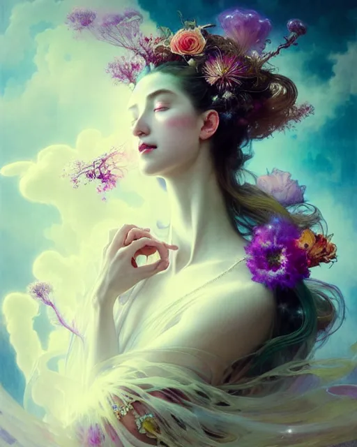 Image similar to Full View ultrarealistic Portrait ethereal fantasy deity wearing beautiful gown, rising in the air levitating, flowers, calm, 4k digital masterpiece by Anna Dittman and Alberto Seveso Ruan Jia, rossdraws, artgerm and greg rutkowski and alphonse mucha and loish and WLOP, fantasycore, Hyperdetailed, fractals, scribble art, realistic digital painting, atmospheric, fireflies, soft lighting, featured on Artstation