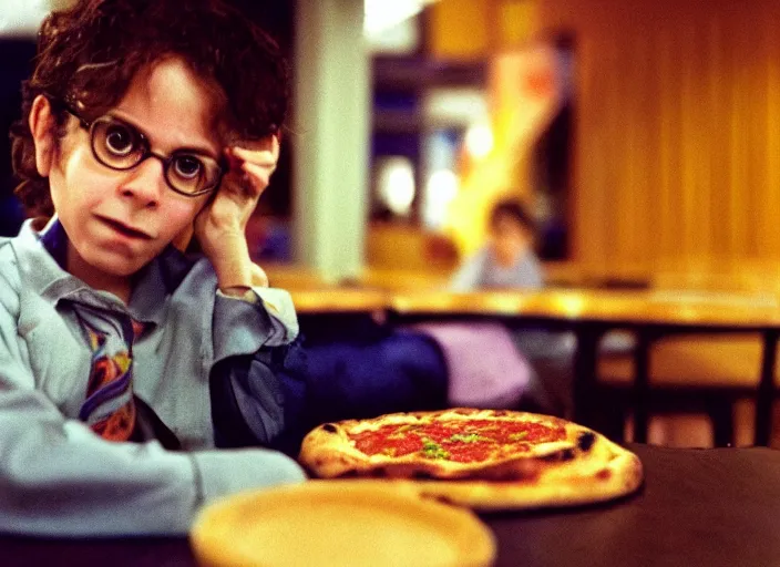 Image similar to detailed portrait of charlie kaufman eating pizza at chuck - e - cheese, dramatic lighting, moody film still from being john malkovich ( 2 0 1 0 ), 3 5 mm kodak color stock, 2 4 mm lens, directed by spike jonze, ecktochrome