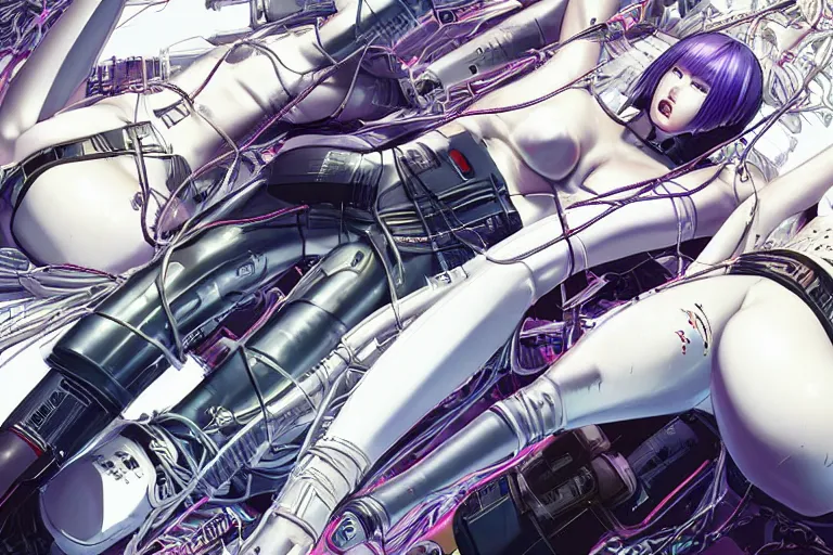 Image similar to a finely composed cyberpunk illustration of a group of motoko kusanagi-like white female androids in style of hajime sorayama, lying on an abstract, empty, white floor with their body parts scattered around and cables and wires coming out, by katsuhiro otomo and masamune shirow, hyper-detailed, intricate, colorful, view from above, wide angle, close up, beautiful