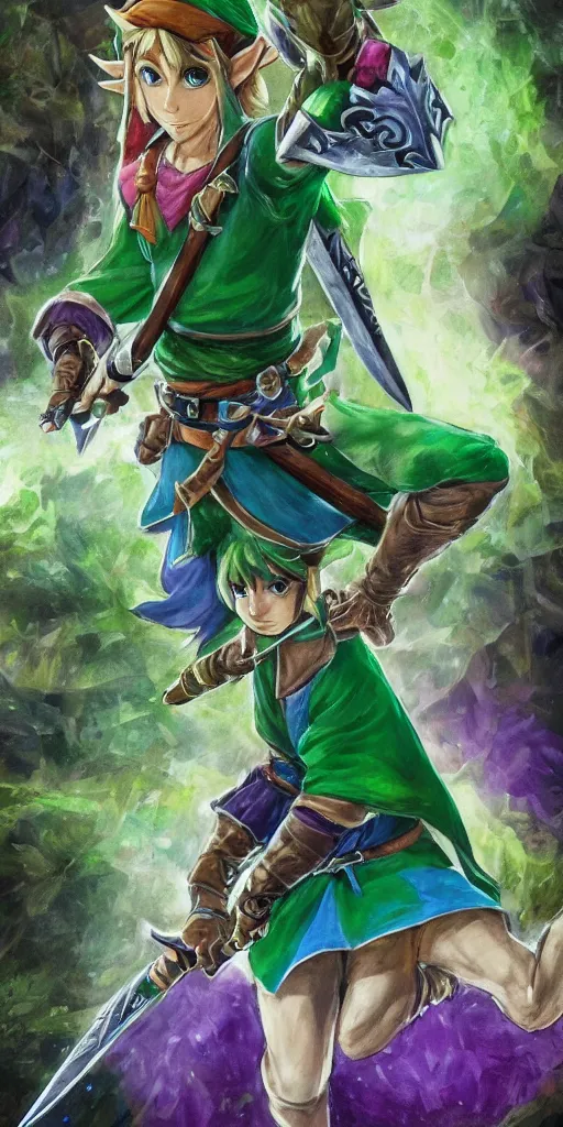 Image similar to link dressed in traditional green tunic and cap, holding the master sword and hylian shield in each hand, in dynamic fighting pose, clear detailed face with focused expression, mystical forest background, dark skies, green purple blue pink iridescent color scheme, intricately detailed, finely textured, cgsociety