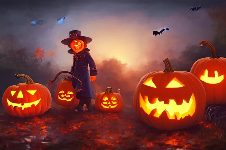 Prompt: portrait of thomas the tank engine hauling jack - o - lantern on fire, halloween night, charlie bowater, artgerm, ilya kuvshinov, krenz cushart, ruan jia, realism, ultra detailed, 8 k resolution