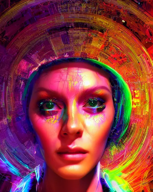 Image similar to a powerful energy psychedelic matrix priestess, by alexander fedosav, hyper detailed digital matte painting, concept art, hyperrealism, 1 6 k resolution, cinema 4 d, 8 k resolution, trending on artstation, behance hd, a masterpiece, by stephan martiniere, particles, cel - shaded, power bright neon energy, by david a. hardy,